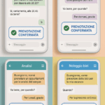 Esempio di app con chat con agenti personalizzati per clienti di tipologie diverse. Esempio di chat con ristorante specificando gli ospiti e l'orario desiderato. Prenotazione di appuntamento con meccanico specificando l'intervento. Prenotazione di biciclette in vacanza. Prenotazione di appuntamento per analisi del sangue.