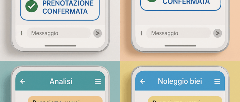 Esempio di app con chat con agenti personalizzati per clienti di tipologie diverse. Esempio di chat con ristorante specificando gli ospiti e l'orario desiderato. Prenotazione di appuntamento con meccanico specificando l'intervento. Prenotazione di biciclette in vacanza. Prenotazione di appuntamento per analisi del sangue.