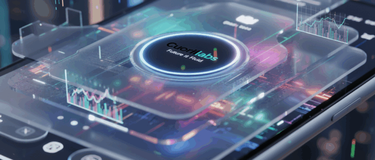 Interfaccia app mobile nativa iOS 26 con design Liquid Glass, che mostra elementi trasparenti e fluidi. Logo Cuoriilabs al centro. Perfetta per consulenza sviluppo app.