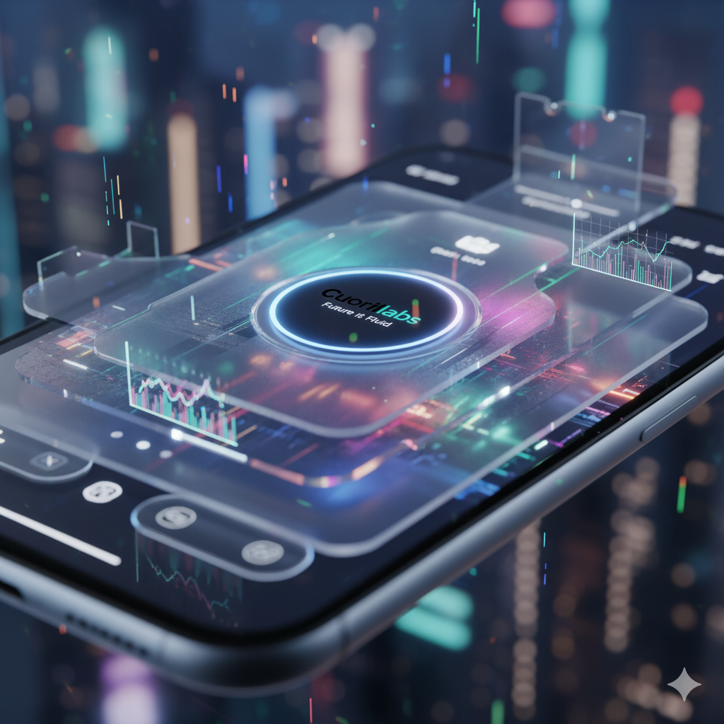 Interfaccia app mobile nativa iOS 26 con design Liquid Glass, che mostra elementi trasparenti e fluidi. Logo Cuoriilabs al centro. Perfetta per consulenza sviluppo app.