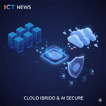 Grafico isometrico che illustra il concetto di Cloud Ibrido e AI sicura. Server on-premise sono collegati a nuvole di Public Cloud, con un'interfaccia centrale che rappresenta l'intelligenza artificiale (cervello stilizzato) protetta da uno scudo di sicurezza. Sono visibili etichette come NIS2, DORA e AI Act, che simboleggiano la compliance normativa. Il tutto è immerso in un ambiente digitale con connessioni e punti luminosi.