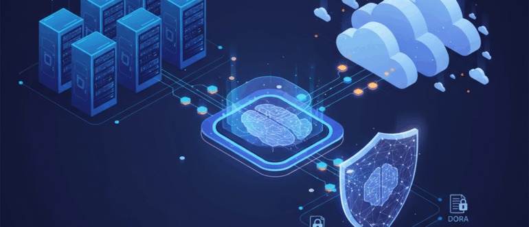 Grafico isometrico che illustra il concetto di Cloud Ibrido e AI sicura. Server on-premise sono collegati a nuvole di Public Cloud, con un'interfaccia centrale che rappresenta l'intelligenza artificiale (cervello stilizzato) protetta da uno scudo di sicurezza. Sono visibili etichette come NIS2, DORA e AI Act, che simboleggiano la compliance normativa. Il tutto è immerso in un ambiente digitale con connessioni e punti luminosi.