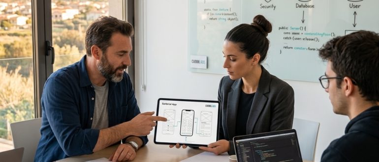 Consulente digitale e sviluppatore di CuoriiLabs mentre analizzano l'architettura di un software su misura insieme a un cliente.