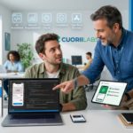Consulente di sviluppo software a Cagliari di CuoriiLabs SAS mentre mostra a un cliente un'app mobile validata e pronta per il mercato (su tablet Google Play) a confronto con un prototipo 'Blackbox' problematico. L'immagine simboleggia il controllo qualità e il successo sugli App Store in Sardegna.