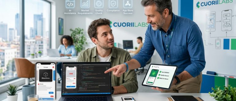 Consulente di sviluppo software a Cagliari di CuoriiLabs SAS mentre mostra a un cliente un'app mobile validata e pronta per il mercato (su tablet Google Play) a confronto con un prototipo 'Blackbox' problematico. L'immagine simboleggia il controllo qualità e il successo sugli App Store in Sardegna.